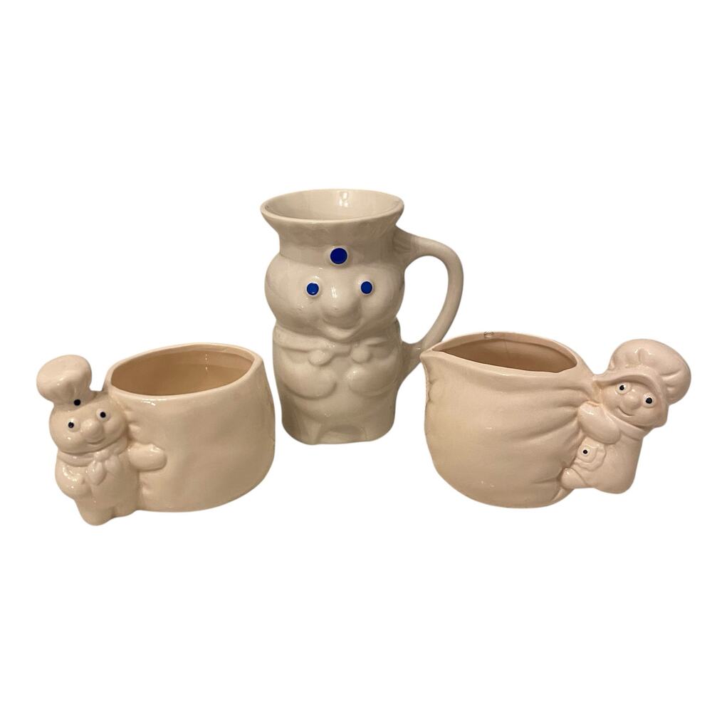 Vintage Pillsbury Doughboy 1985 Coffee Mug with Creamer and Sugar Bowl Set 1988